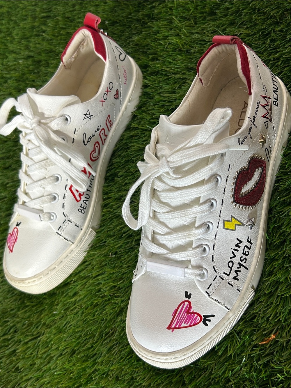 Aldo White Graphic Lace-Up Sneakers with Pink Accents